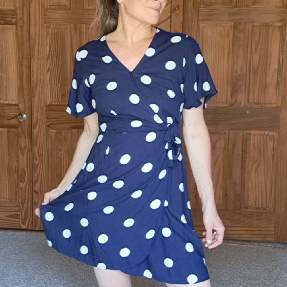 Peyton & Parker polka dot wrap dress flutter short sleeve navy blue szS